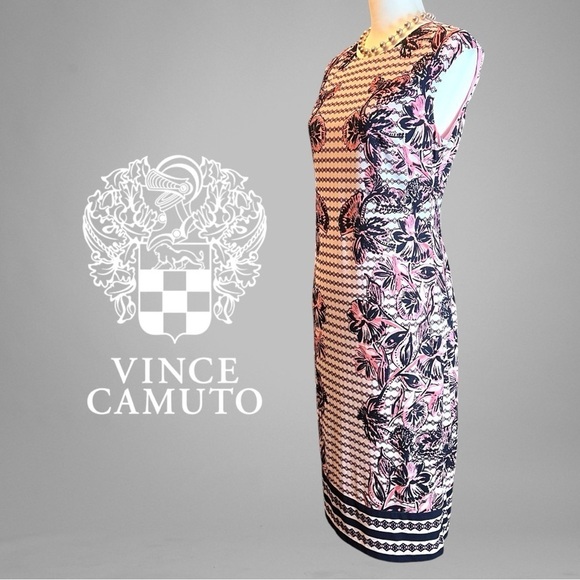 VINCE CAMUTO Crew Neck Flora Pink & Navy Stripped Stunning Dress Size 8 - Picture 2 of 9